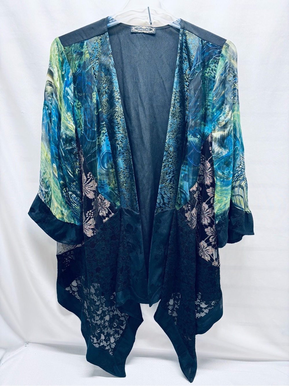 VIOLET KAY Size 2X Silk Blend KIMONO JACKET Blue/Green Bohemian Wearable ART